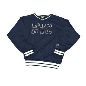 NYC Manhattan Court Favorite navy blue v-neck sweatshirt. Size large stripes